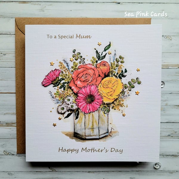 Mother's Day Card - flowers, card for mum, textured, dimensional