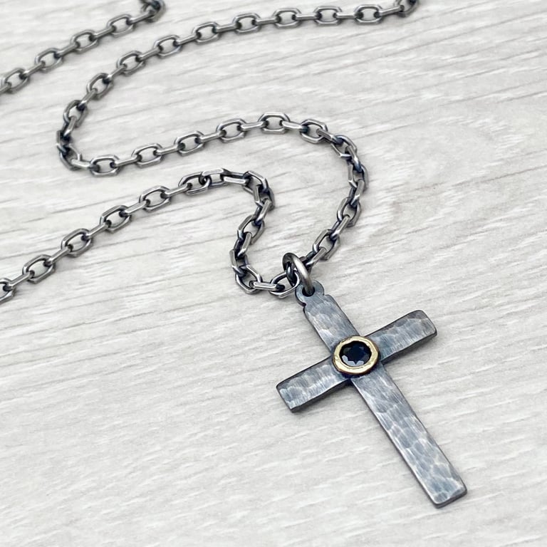 Oxidised sterling silver hammered cross gold set black sapphire chain necklace