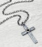 Oxidised sterling silver hammered cross gold set black sapphire chain necklace - Image 1