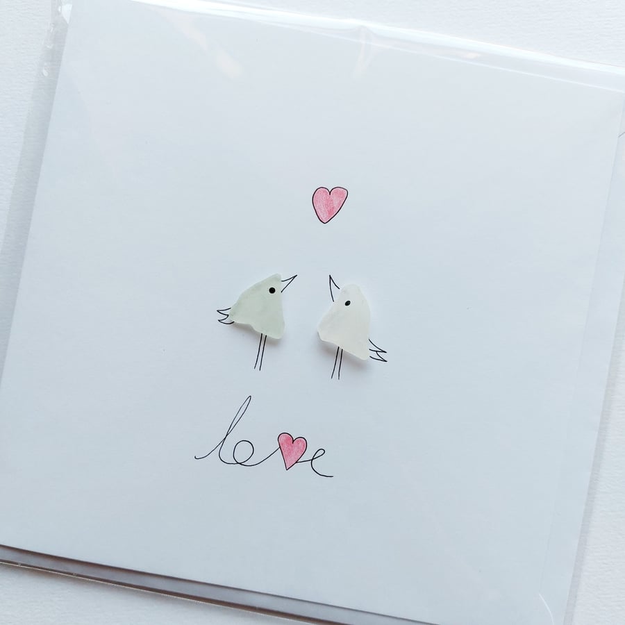Sea Glass Art Greetings Card - Lovebirds - Valentine, Wedding, Engagement Card