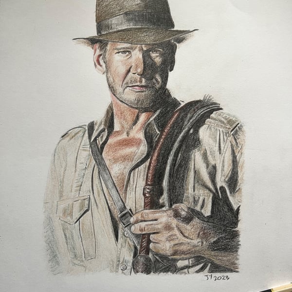 Framed original A3 portrait of Harrison Ford from Raiders of the Lost Ark