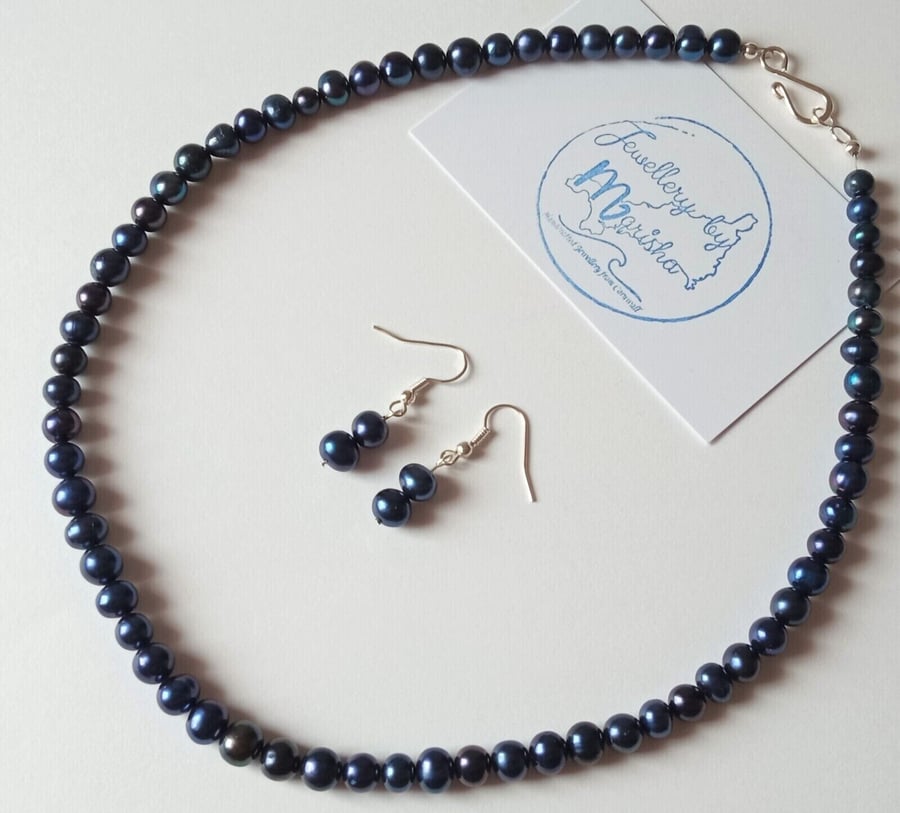 Unusual Deep Midnight Blue Genuine Freshwater Pearl Handmade Jewellery Set