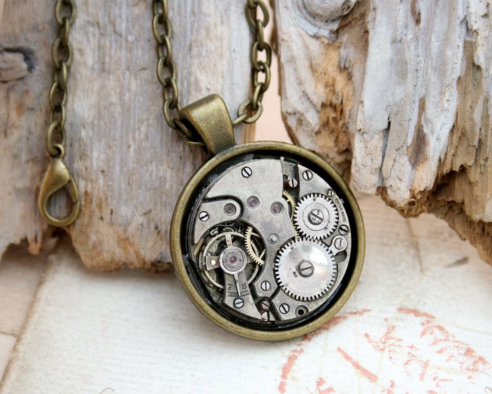 Mens Steampunk Pendant Necklace Made of Real Watch Mechanism