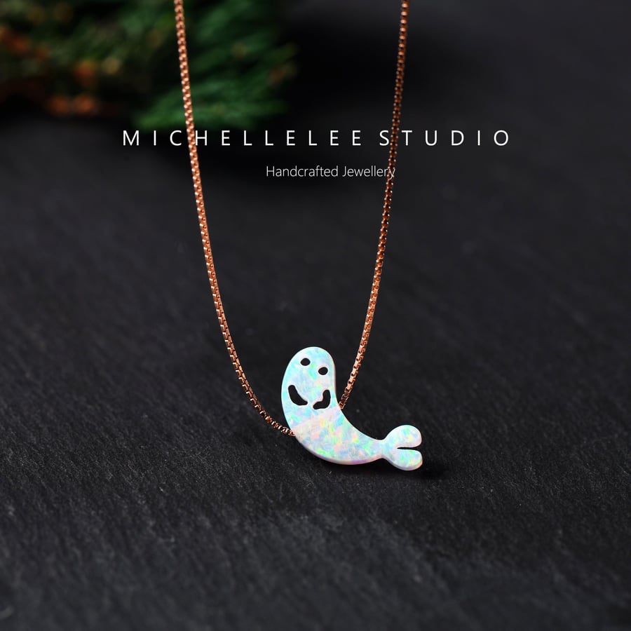 White Opal Cute Sea lions Necklace with 925 Sterling Silver Chain