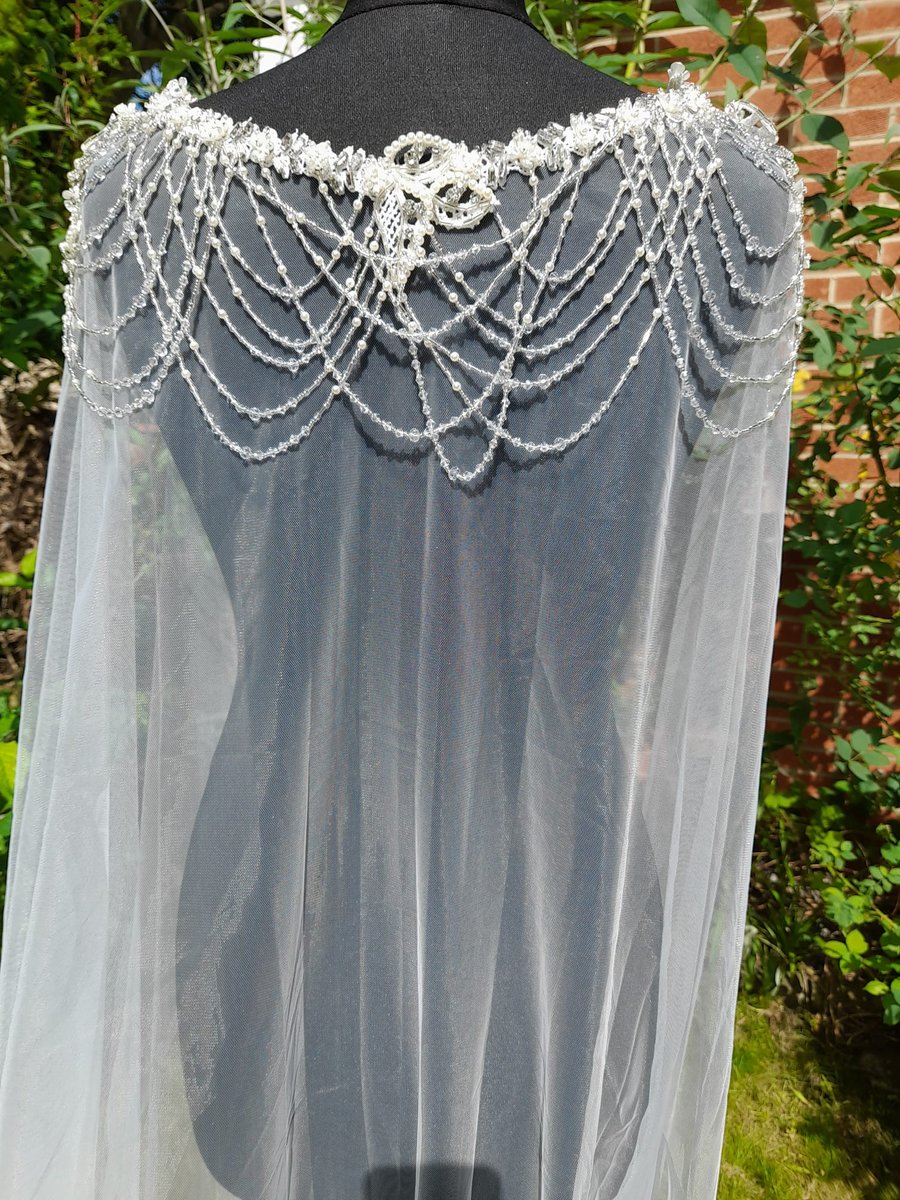 Embellished Off-white Wedding Cape For Bride With Beaded Decoration