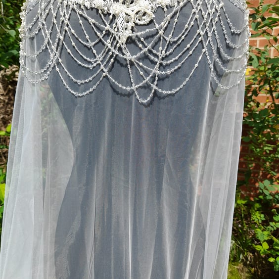 Embellished Off-white Wedding Cape For Bride With Beaded Decoration