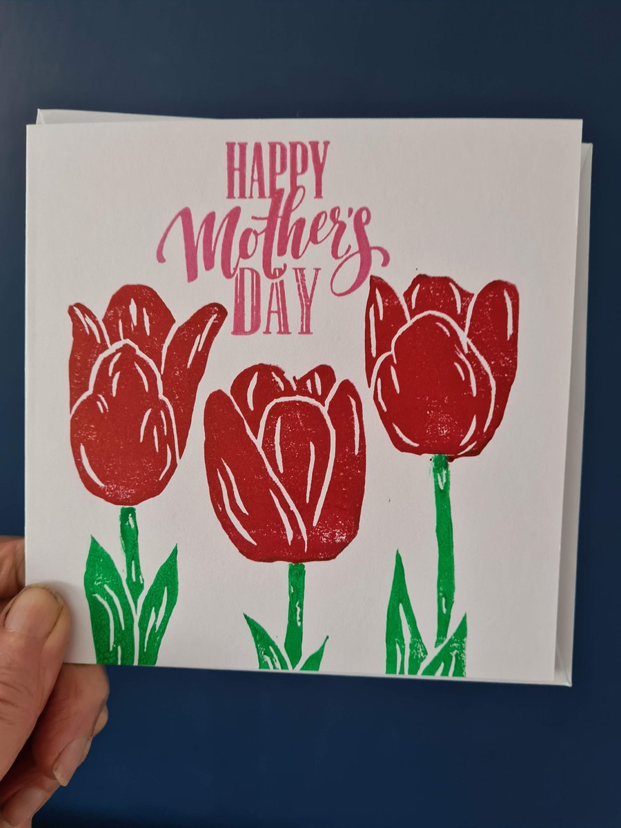 Mother's Day card red tulips linocut handprinted