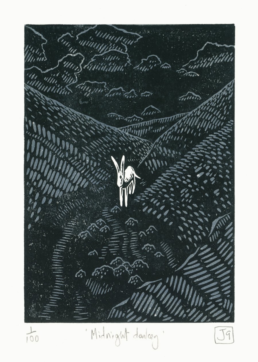 Midnight Donkey two-colour linocut print