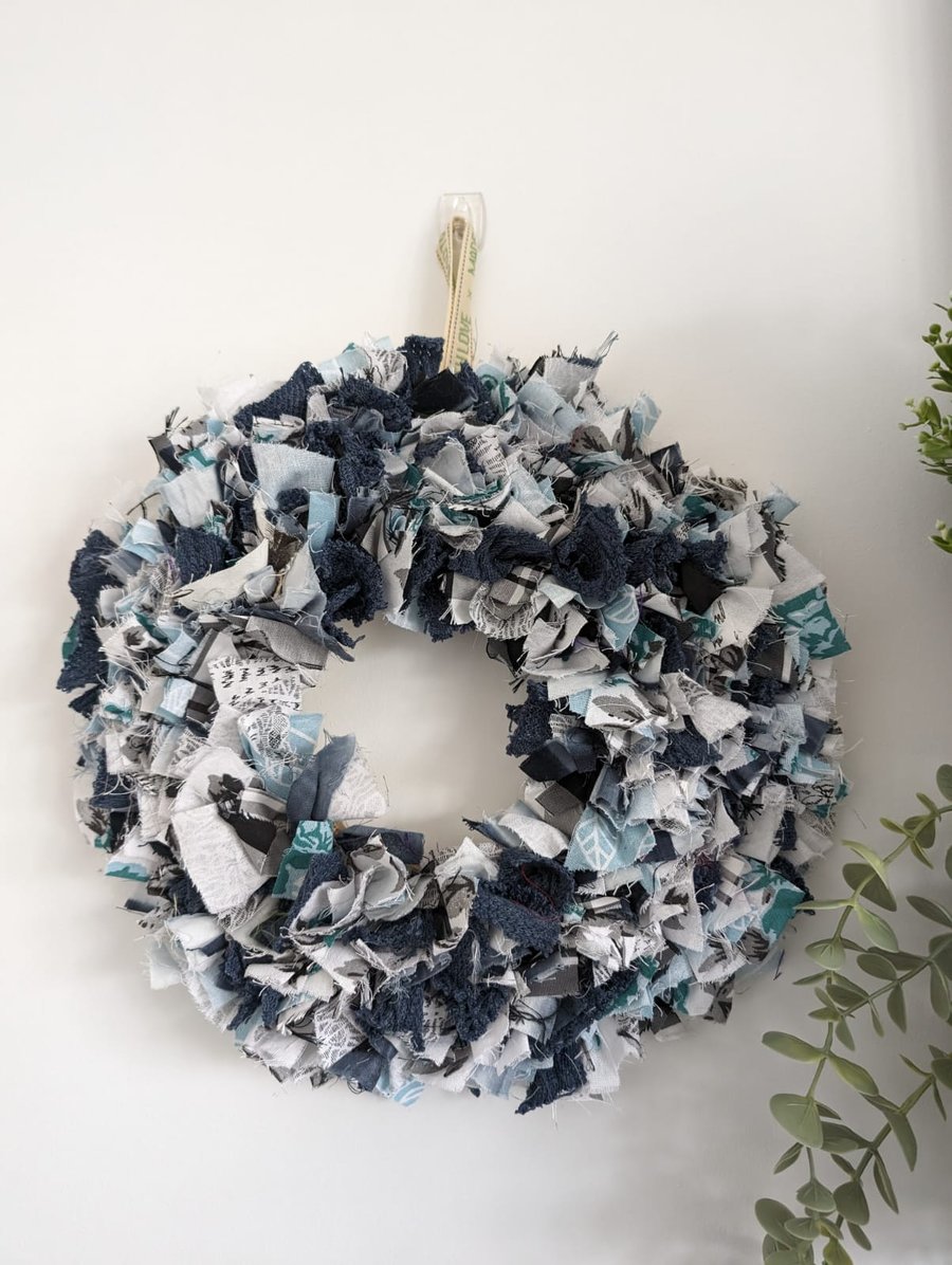 Navy Blue Rag Rug Fabric Wreath, handmade