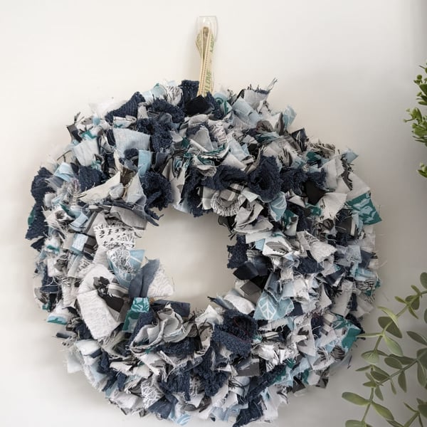 Navy Blue Rag Rug Fabric Wreath, handmade