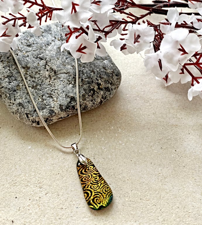 Golden Swirl Fused Glass Pendant – Iridescent Black & Gold Dichroic Necklace