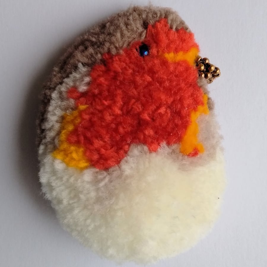 Statement Fluffy Robin Bird Hand Stitched With Wool Brooch Large