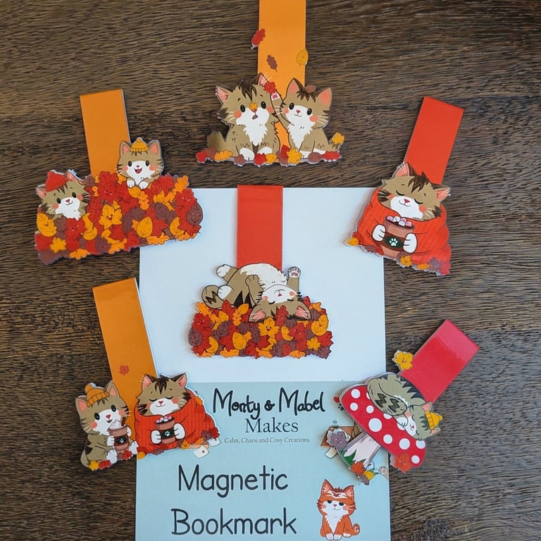 Autumn Cat Magnetic Bookmarks, Cosy Reader Gift for Cat Lovers, various designs