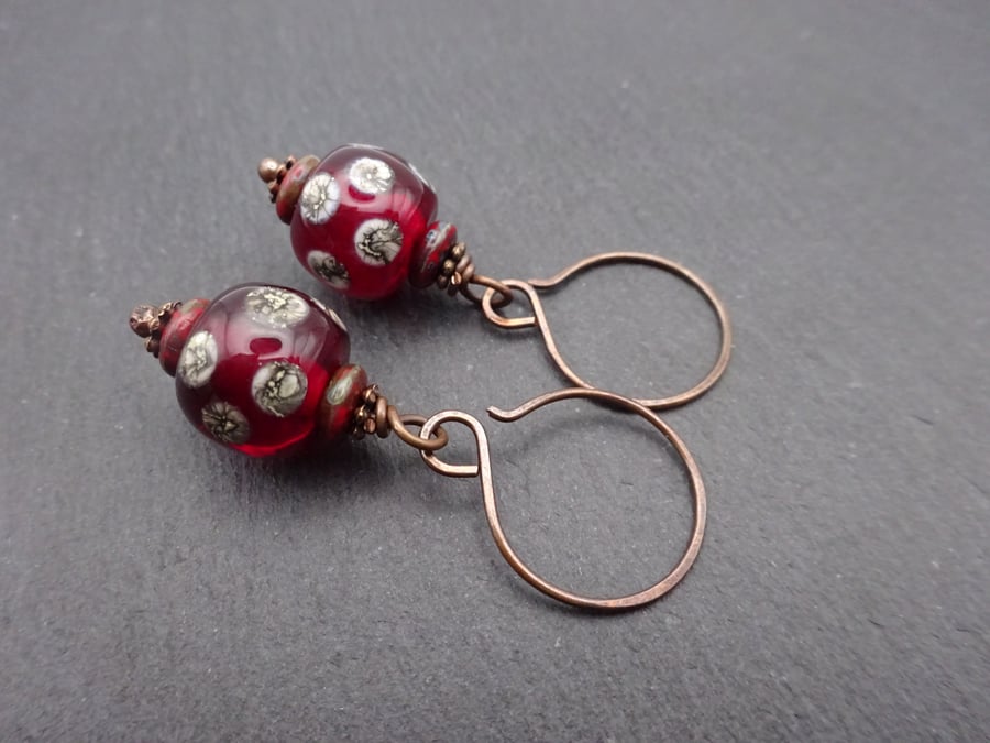 red lampwork glass earrings, copper jewellery