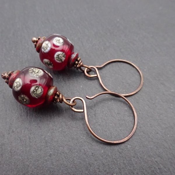 red lampwork glass earrings, copper jewellery