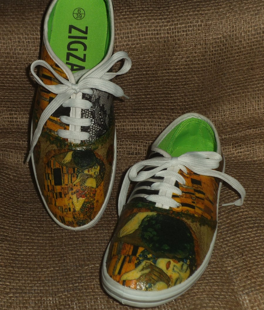 Decorated Shoes MADE TO ORDER Klimt Kiss Unique Summer Canvas Sizes 3 to 9      
