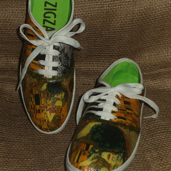 Decorated Shoes MADE TO ORDER Klimt Kiss Unique Summer Canvas Sizes 3 to 9      