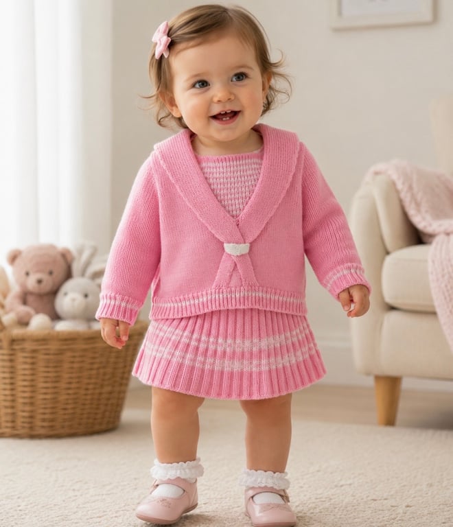 Hand Knitted Toddler Girls' Pink Sailor Skirt Suit