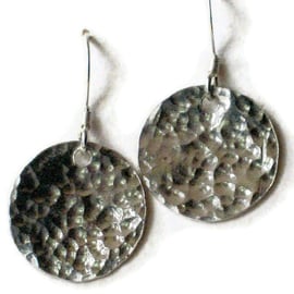 Handmade silver circle earrings hammer textured dangle discss