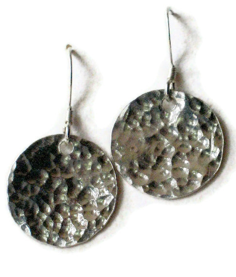 Handmade silver circle earrings hammer textured dangle discss