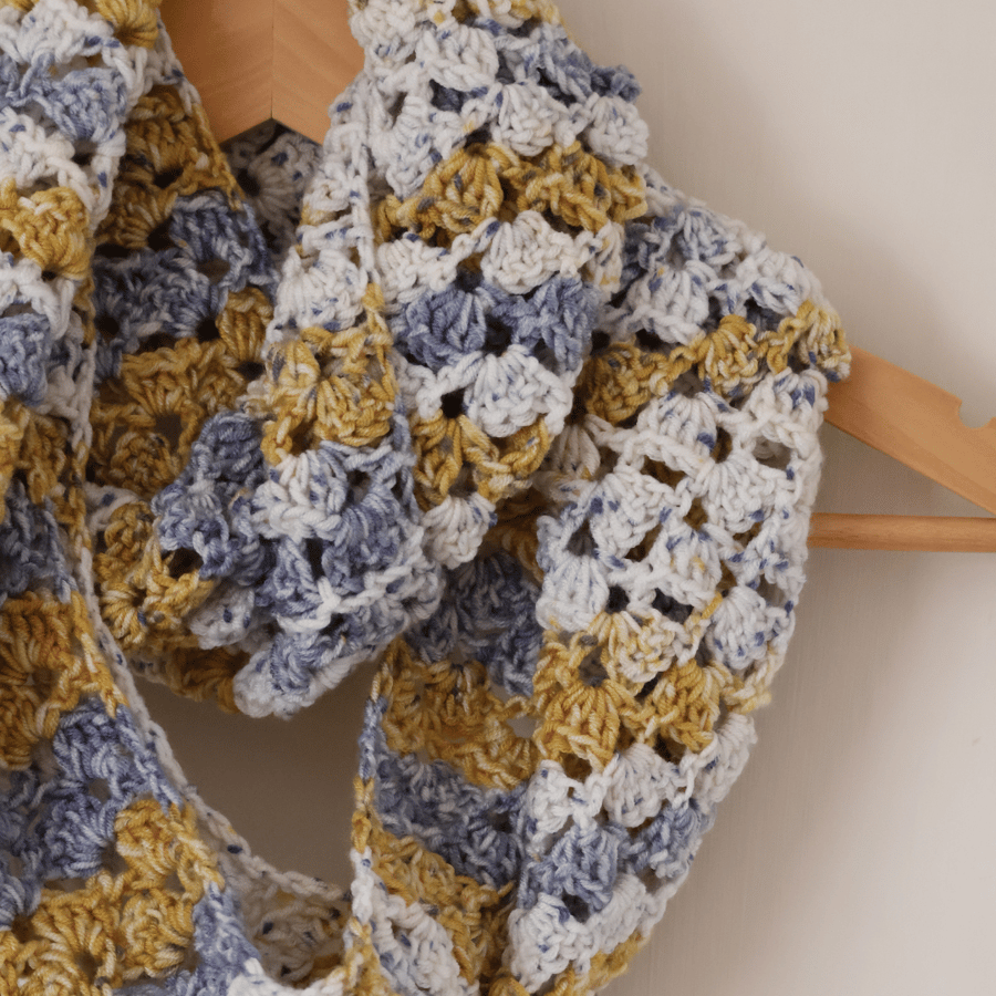 Mustard and Blue Crochet Infinity Scarf - Handmade Gifts