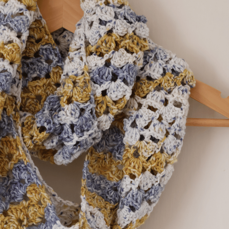 Mustard and Blue Crochet Infinity Scarf - Handmade Gifts