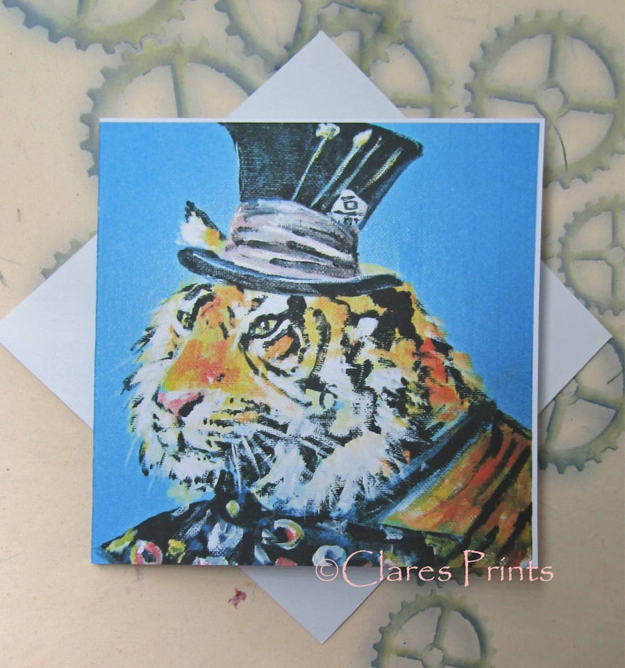 Mad Hatter Tiger Cat Art Greeting Card From my Original Painting