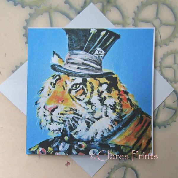 Mad Hatter Tiger Cat Art Greeting Card From my Original Painting