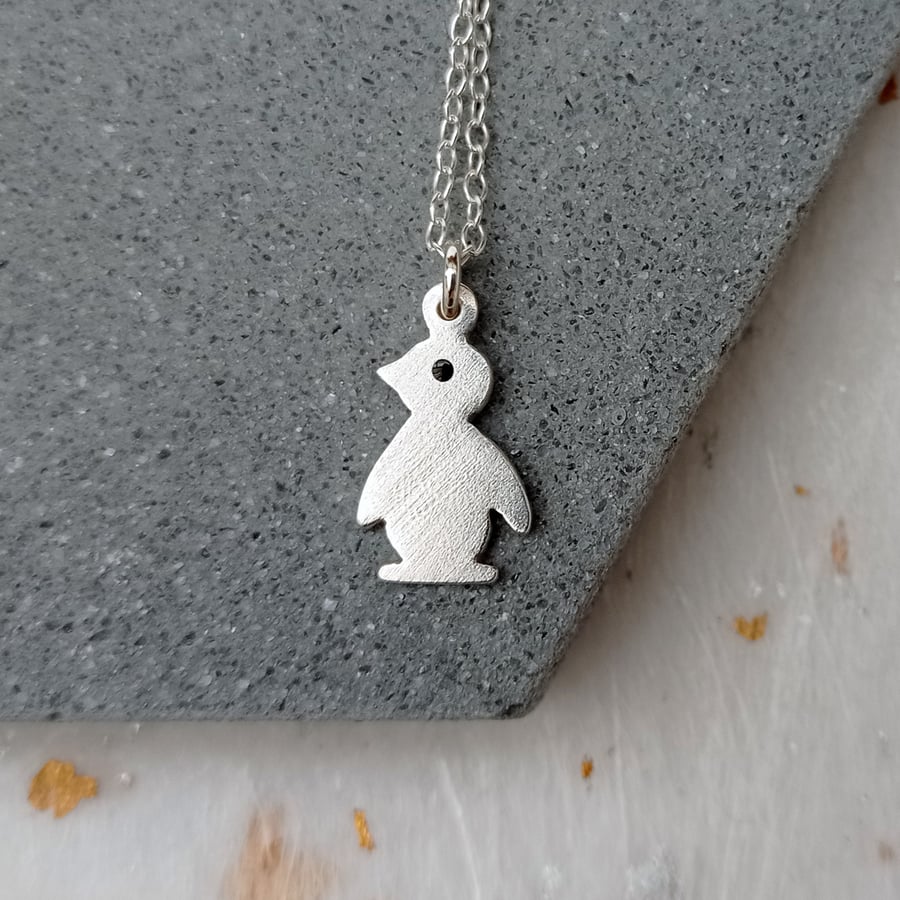 Recycled sterling silver penguin pendant necklace – handmade animal jewellery