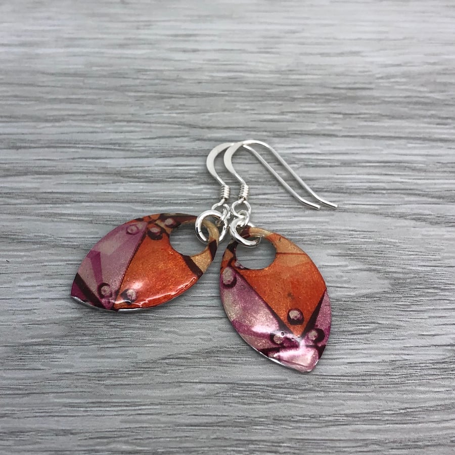 Decoupage and enamel scale earrings. Sterling silver. 