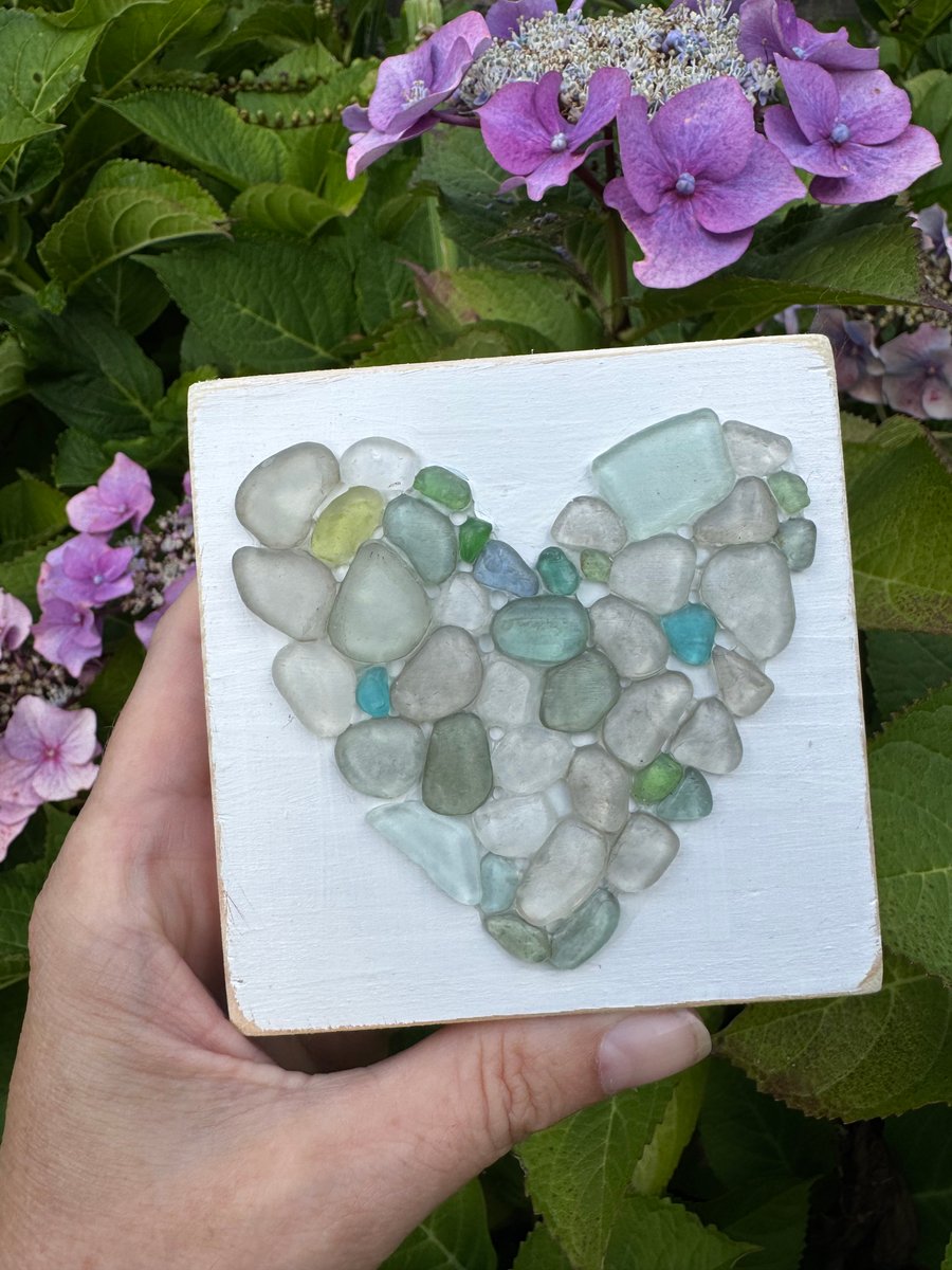 Hearts of Glass Freestanding Wooden Plaque Cornish Sea Glass Christmas Decor