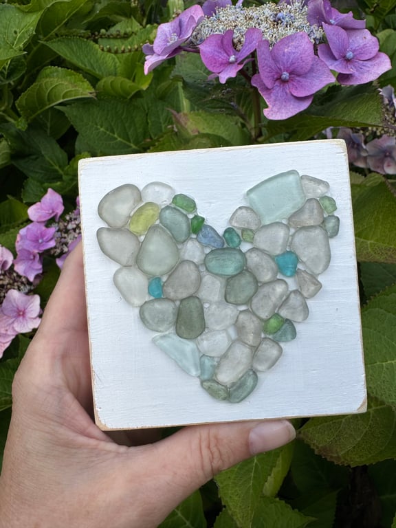 Hearts of Glass Freestanding Wooden Plaque Cornish Sea Glass Christmas Decor