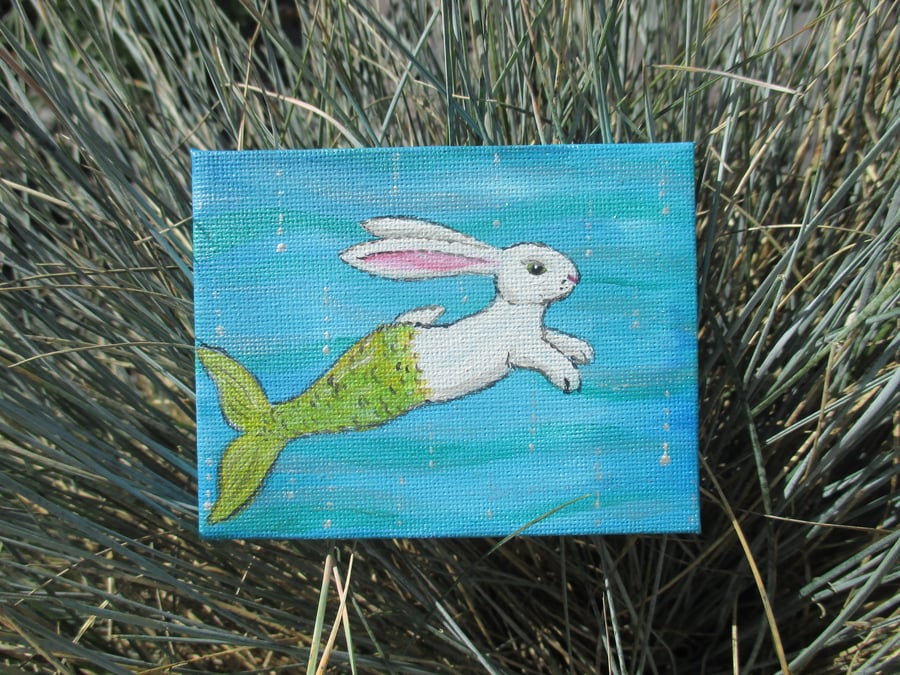 Merbunny Mermaid Bunny Rabbit Picture Canvas Art Painting White Fish Ocean Sea