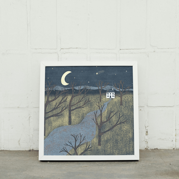 Cottage in the Winter Night Art Print