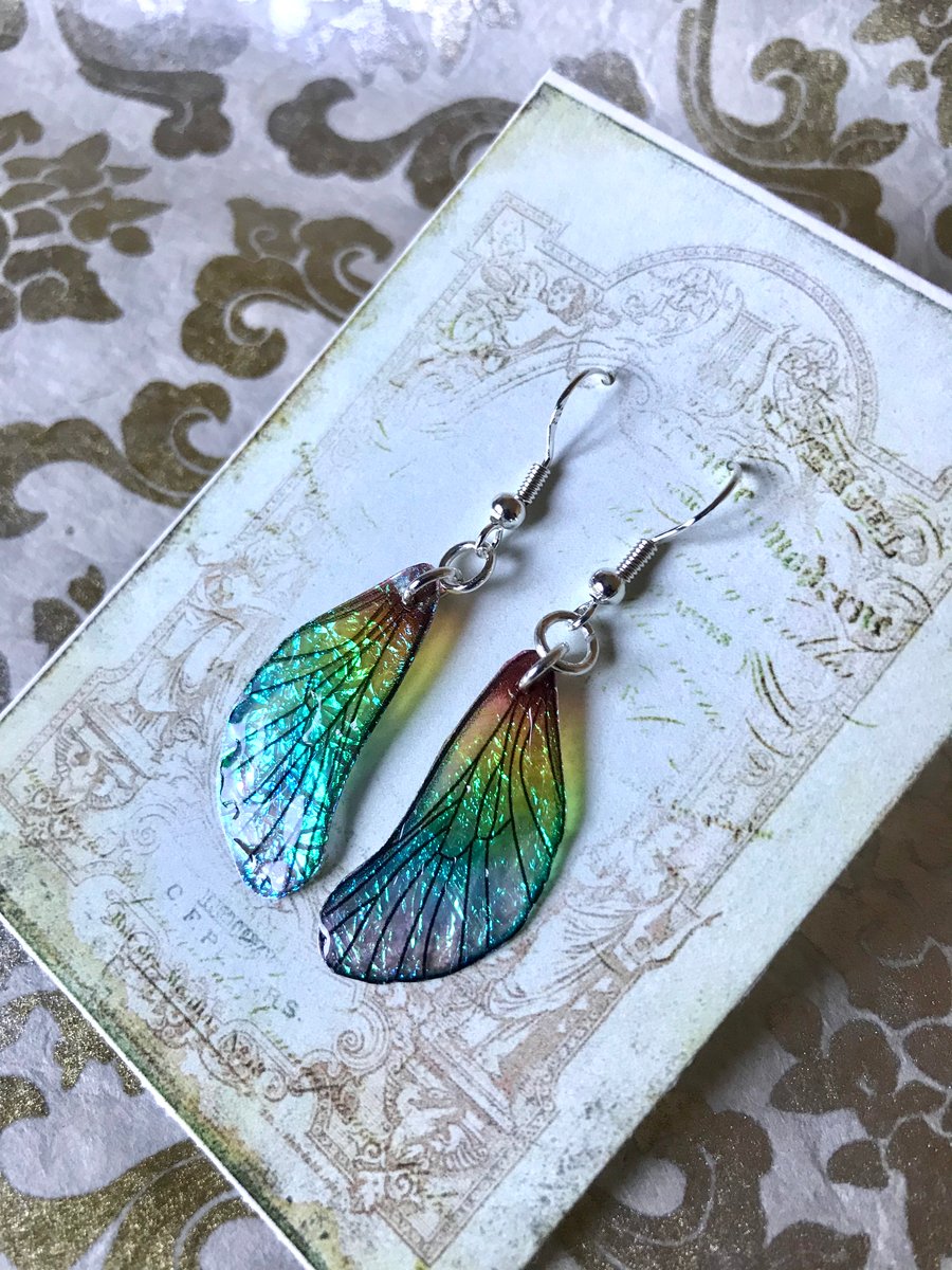 Iridescent Dainty Sparkling Fairy Wings Sterling Silver Earrings