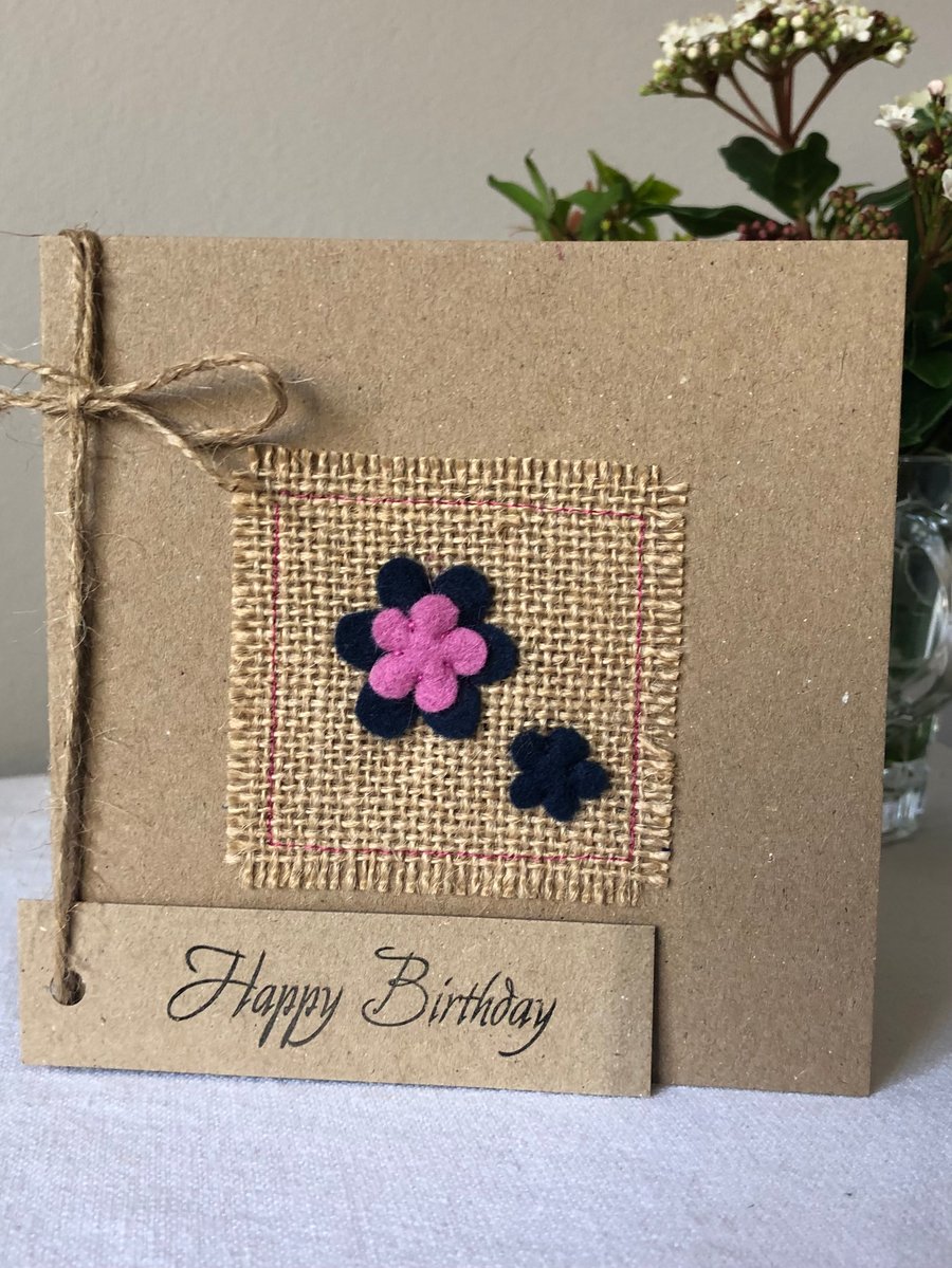 Birthday Card. Deep teal and rose pink flowers. Wool felt. Handmade.