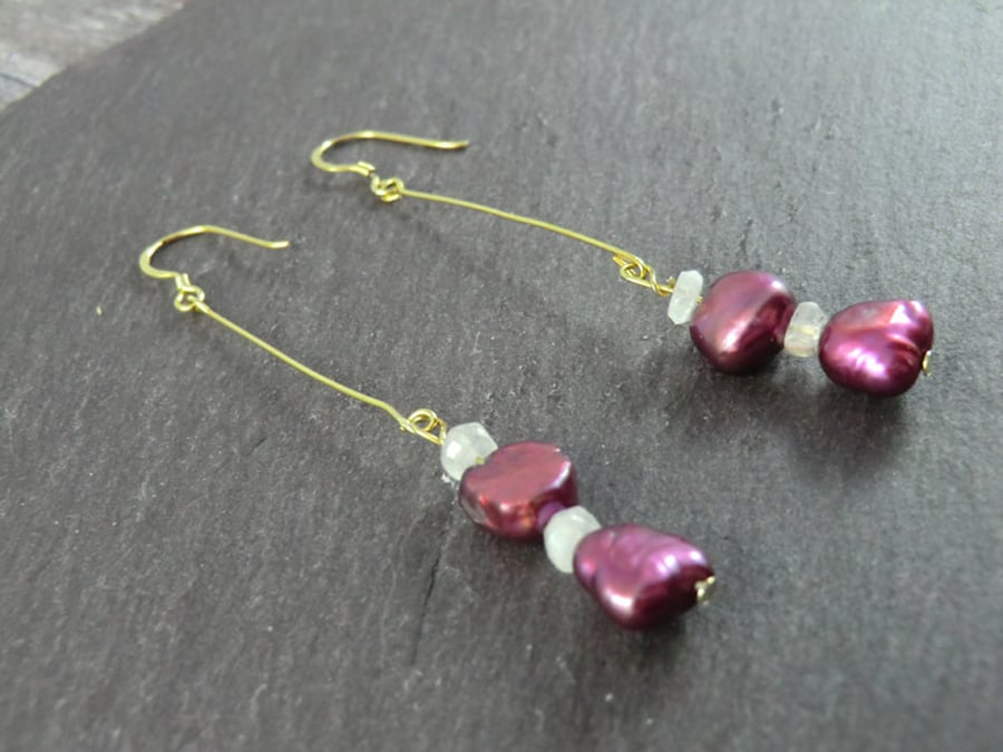 Dark Pink Pearl Moonstone Long Earrings