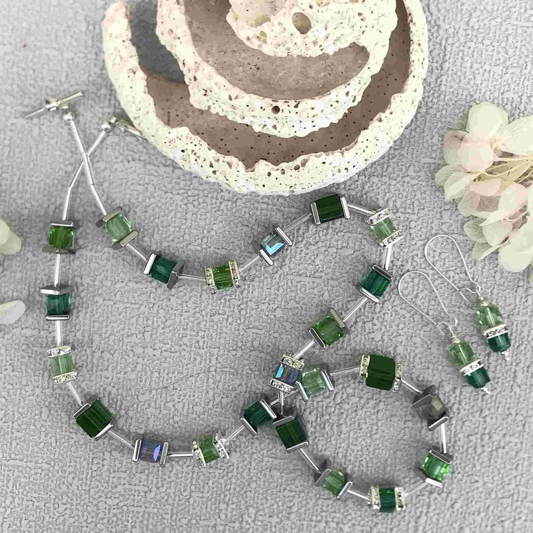 Green Glass Cube Bead Necklace and Earrings Set