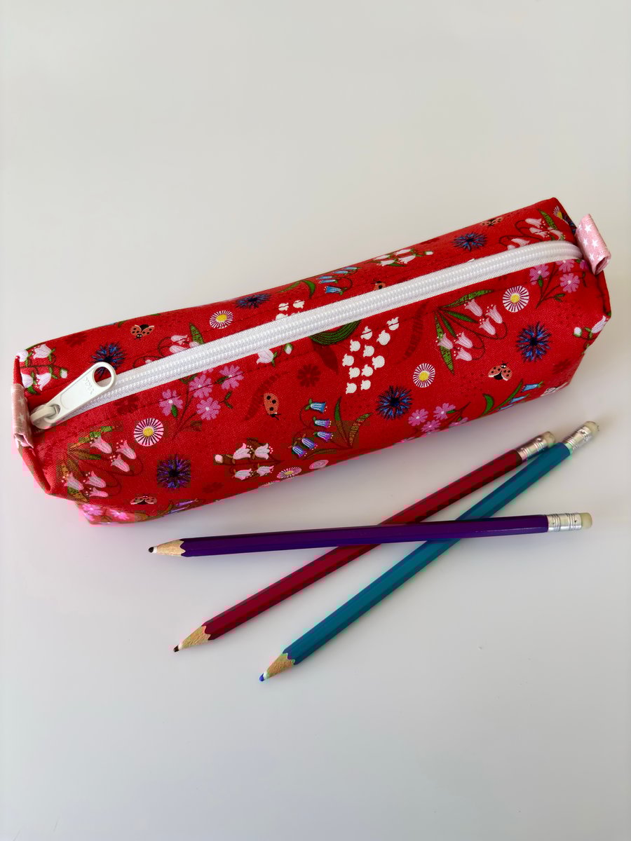 Red floral pencil case - padded zipped fabric pouch for pencils, crafts, makeup