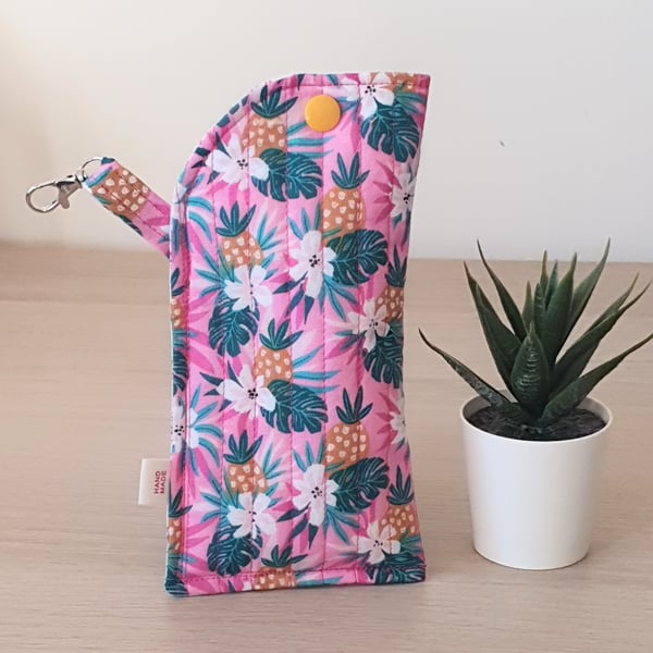 Tropical Pineapple Quilted Glasses Case, Padded Sunglasses Pouch with Clip