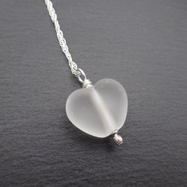 lampwork glass frosted heart pendant necklace, sterling silver chain