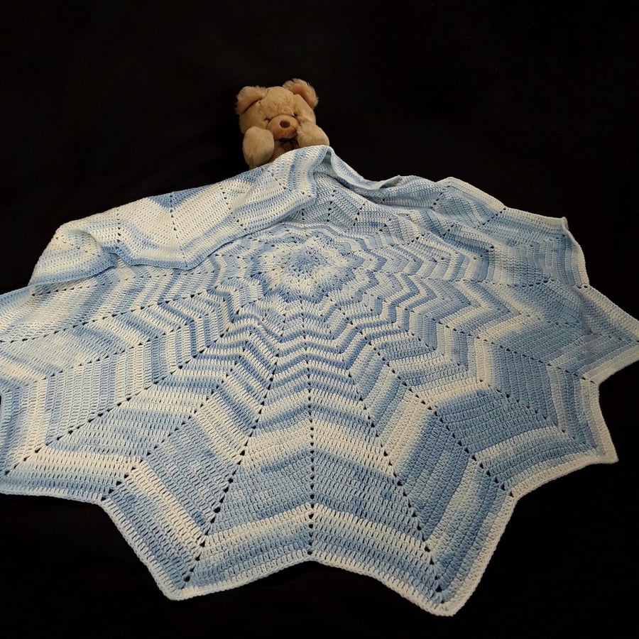 Crocheted 12 point star baby blanket - blue and white