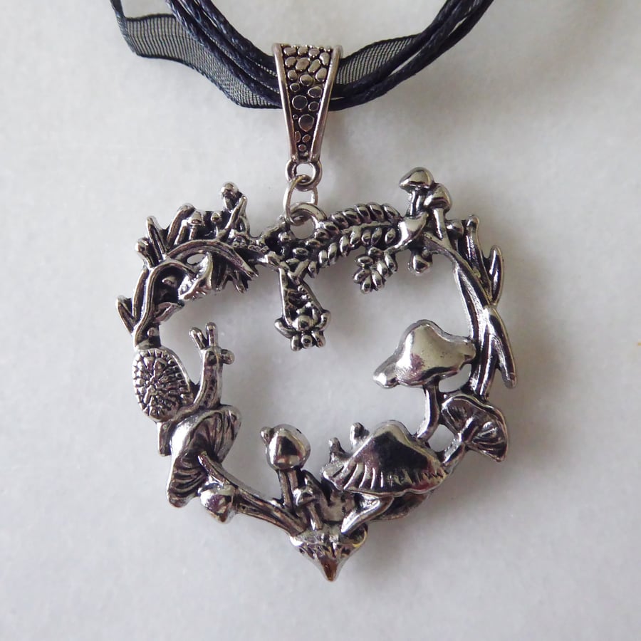 Black Ribbon & Cord Adjustable Necklace with Heart Shaped Mushrooms Pendant
