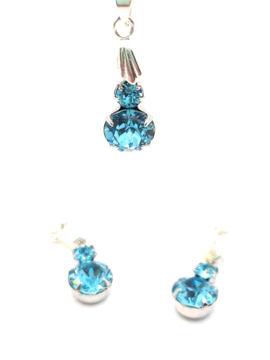 Necklace and earring set made with aqua Swarovski crystals and sterling silver