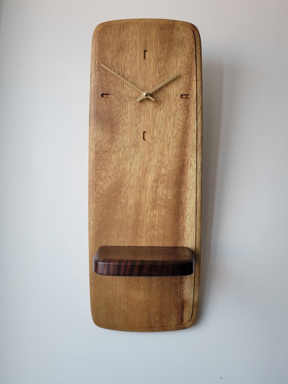 Wall Clock Long with Shelf - Iroko Baked Maple Gold Hands Dash Indicators