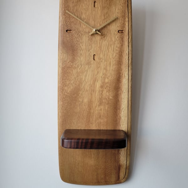 Wall Clock Long with Shelf - Iroko Baked Maple Gold Hands Dash Indicators