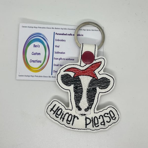 Embroidered Cow quote Keyring