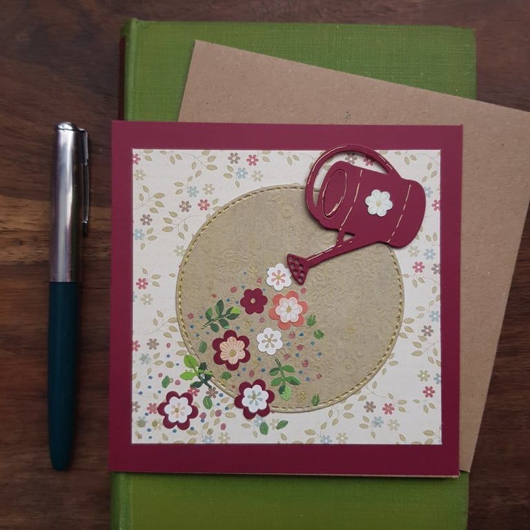 Handmade blank card, keepsake with dark red watering can and flowers