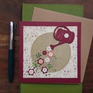 Handmade blank card, keepsake with dark red watering can and flowers