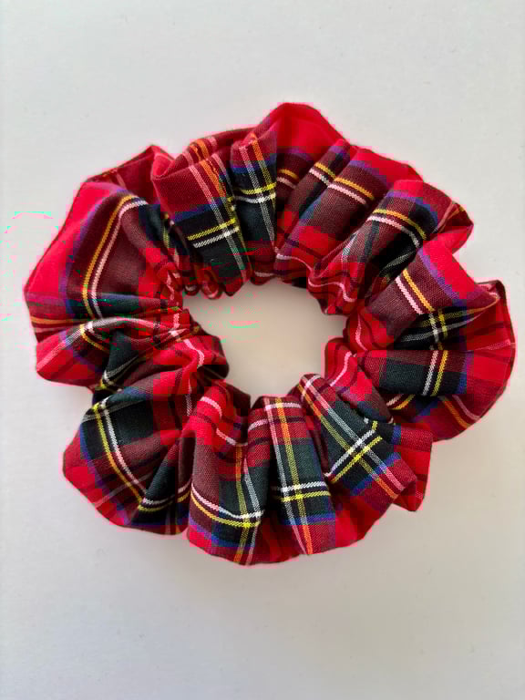 Cotton scrunchie hair accessory in festive bright red tartan
